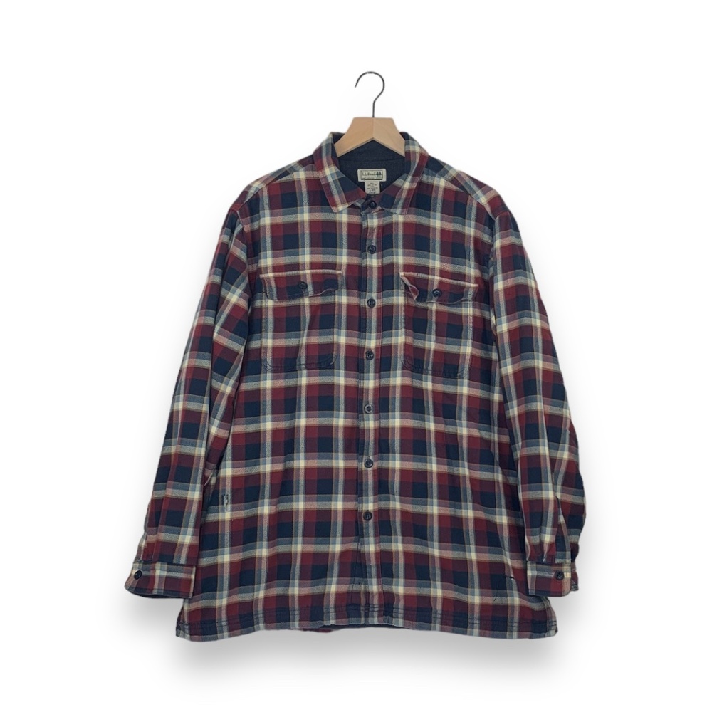 L.L. Bean Navy Blue Burgundy Plaid Fleece Lined Flannel Shirt Jacket Shacket